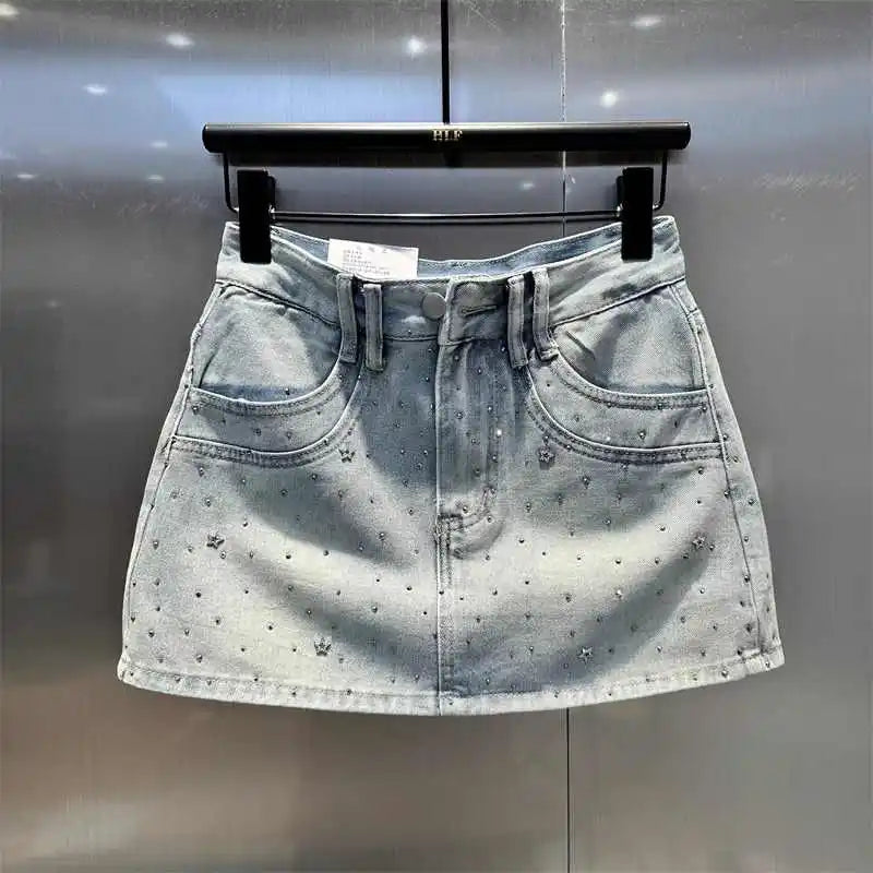 Summer Rhinestone A-line Denim Skirt for Women Star Pattern Zipper Pocket Short Skirts Fashion High-quality Slim Fit Jeans skirt