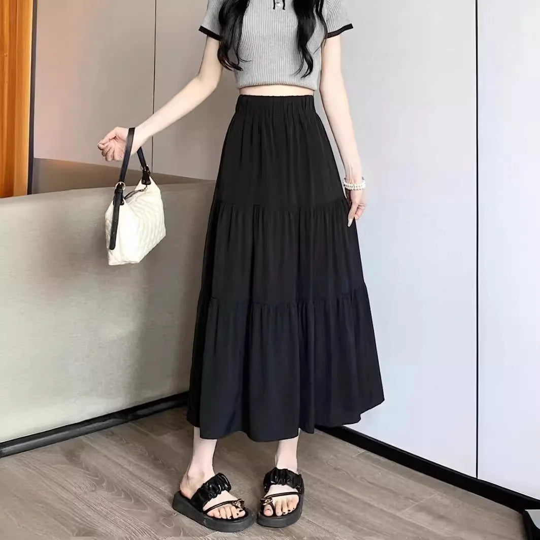 Spring Summer Women Skirts Vintage High Waist Elastic Patchwork White Black Chic Long Cake A-line Skirt