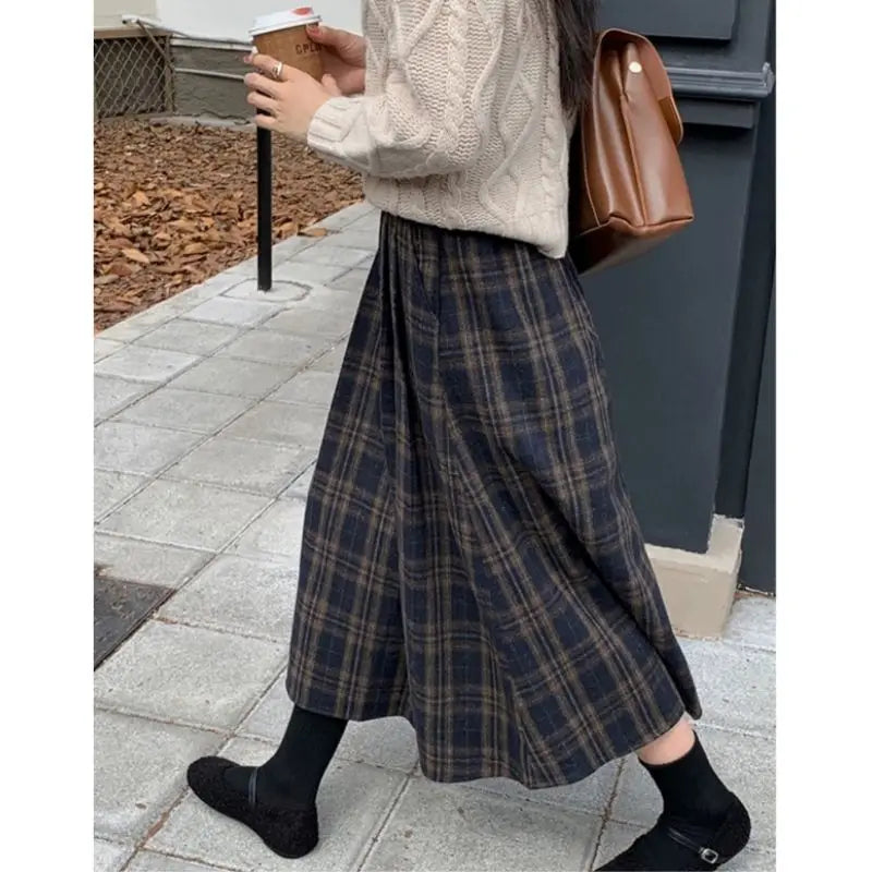 Retro All Match Plaid Woolen Umbrella Skirt, Half Skirt, Women's Autumn and Winter A-line Skirt, High Waist Slimming Mid Length