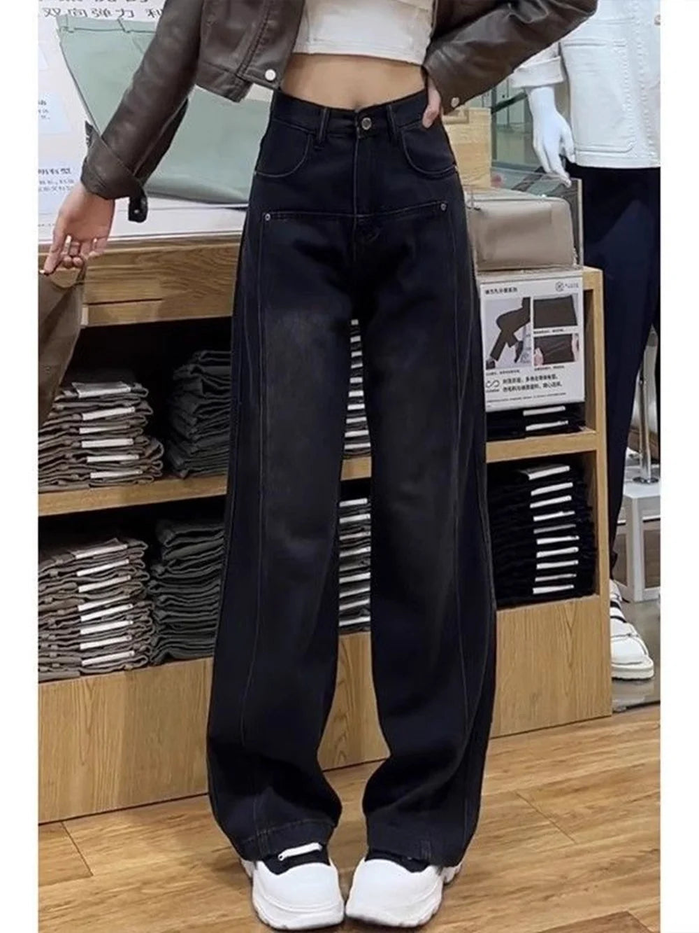 Black wide leg jeans, women's spring and autumn style floor length pants, slim and tall, pear shaped figure, small stature, larg