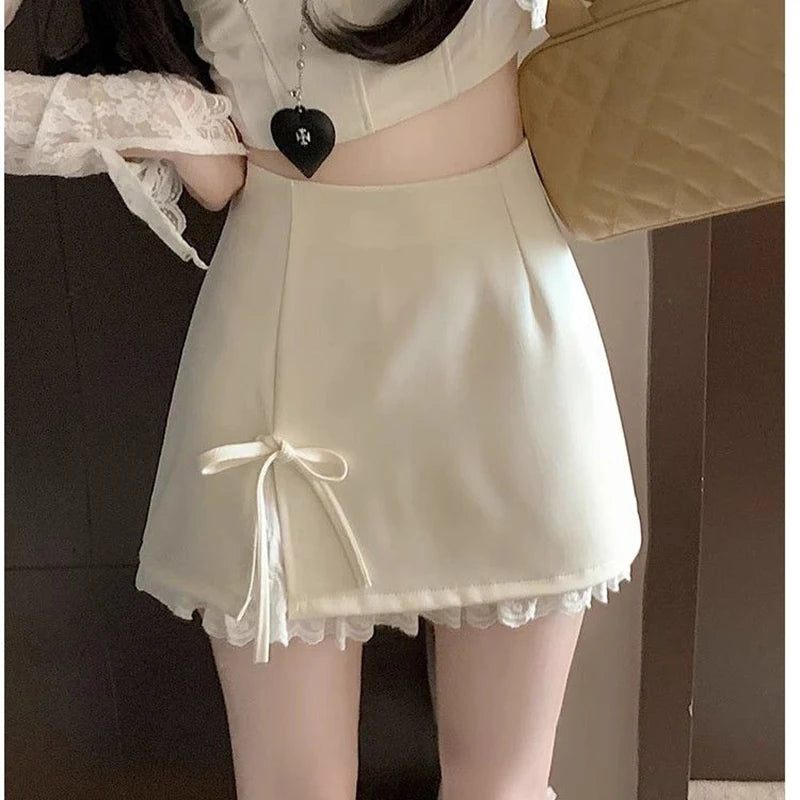 Sweet Bow Lace Up Women Mini Skirt Korean Elegant Spliced Lace Design A-line Skirt Stylish High Waist Slimming Female Slit Skirt