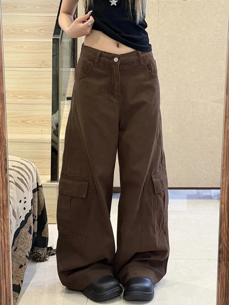 American Vintage Brown Cargo Jeans for Women Y2K High Waist Streetwear Loose Wide Leg Pants Bf Korean Hip Hop Denim Trouser