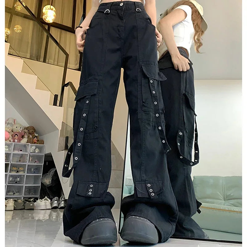 Female Loose Oversized Cargo Pants Woman High Waist American High Street Wide Leg Jeans Lady Black Denim Straight Leg Trousers