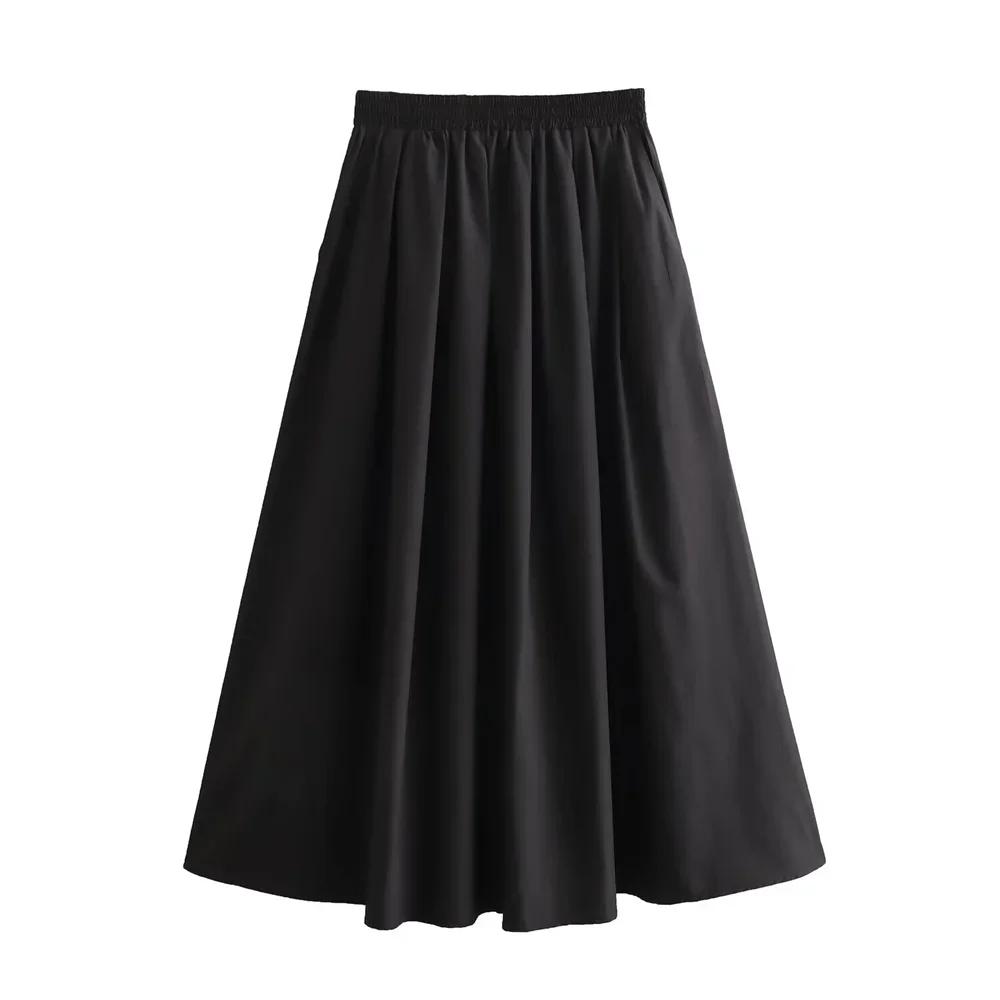 Mooyufon 2025 Women's temperament versatile loose and casual solid color high waisted skirt medium length A-line skirt