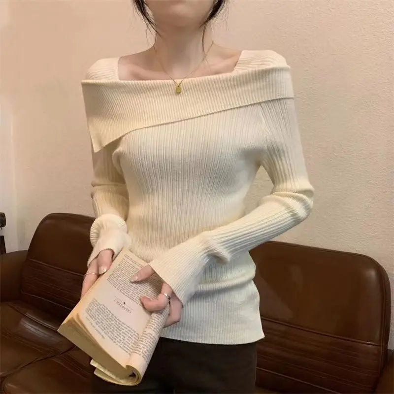 Autumn Winter Off Shoulder Elastic Knitted Shirt Women Pullover Sweater Tops Female Long Sleeve Skinny Slim Sweaters Knit Shirts