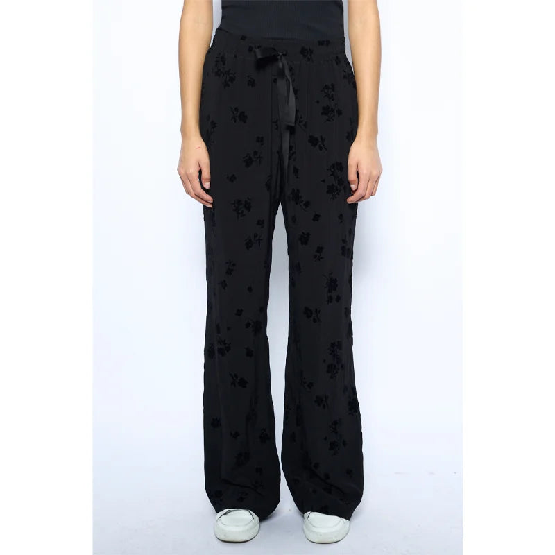 Black Pants Women Floral Jacquard Wide-Leg Trousers Elegant Lace-Up Trouser Zadig Female Pant Loose Casual Pocket Pants