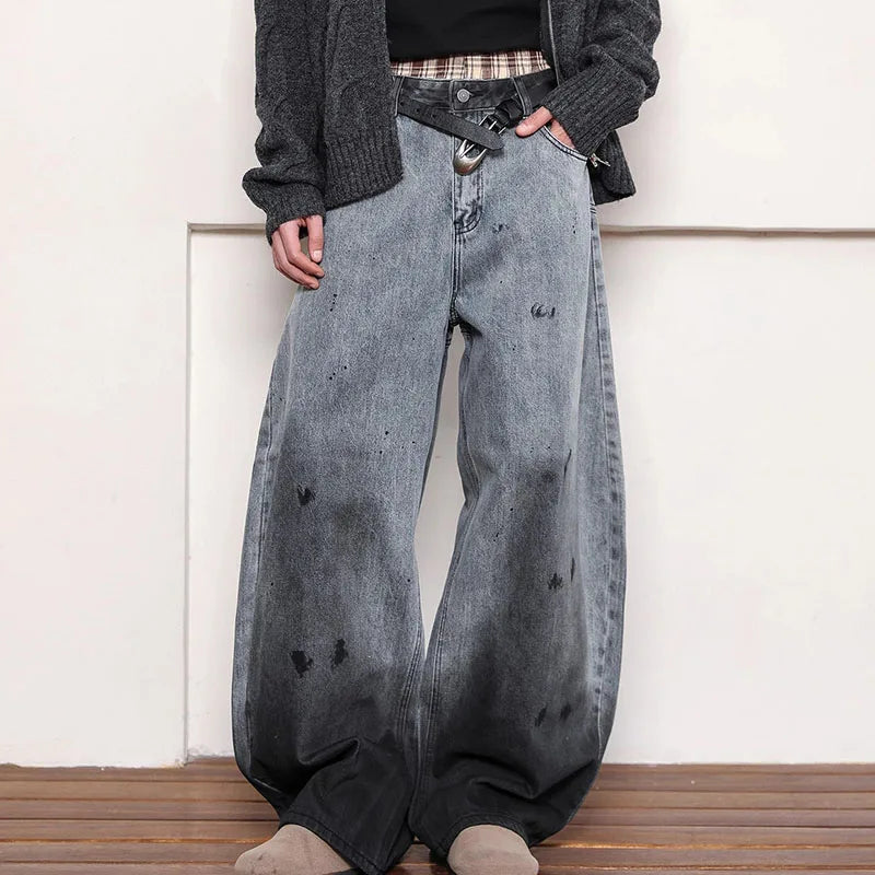 Autumn Korean Retro Splashed Ink Graffiti Denim Curved Knife Pants Baggy Jeans Y2k Fashion Women Pants Casual Straight Leg Pant
