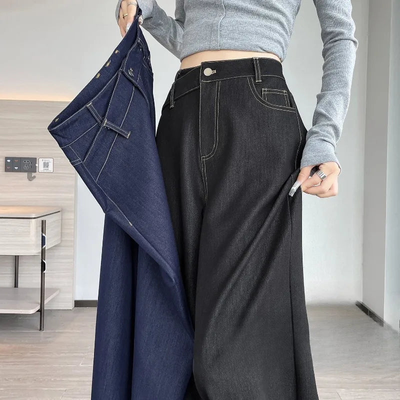 2025 New Autumn Vintage Denim Loose Women's Wide Leg Pants High Waist Solid Female Straight Office Casual Full Length Trousers