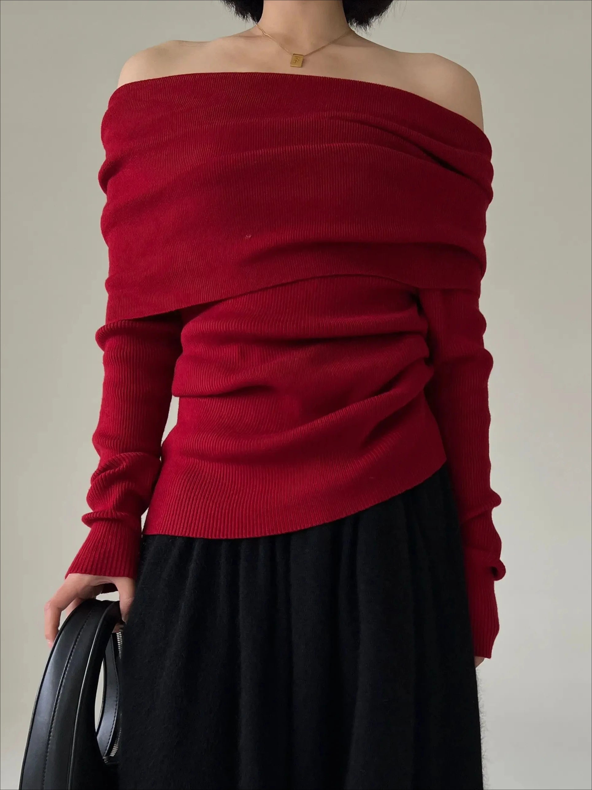 Autumn Winter Off Shoulder Women Sweaters Elegant Vintage Knitted Solid Jumper High Stretch Top Soft Chic Pullovers 2025