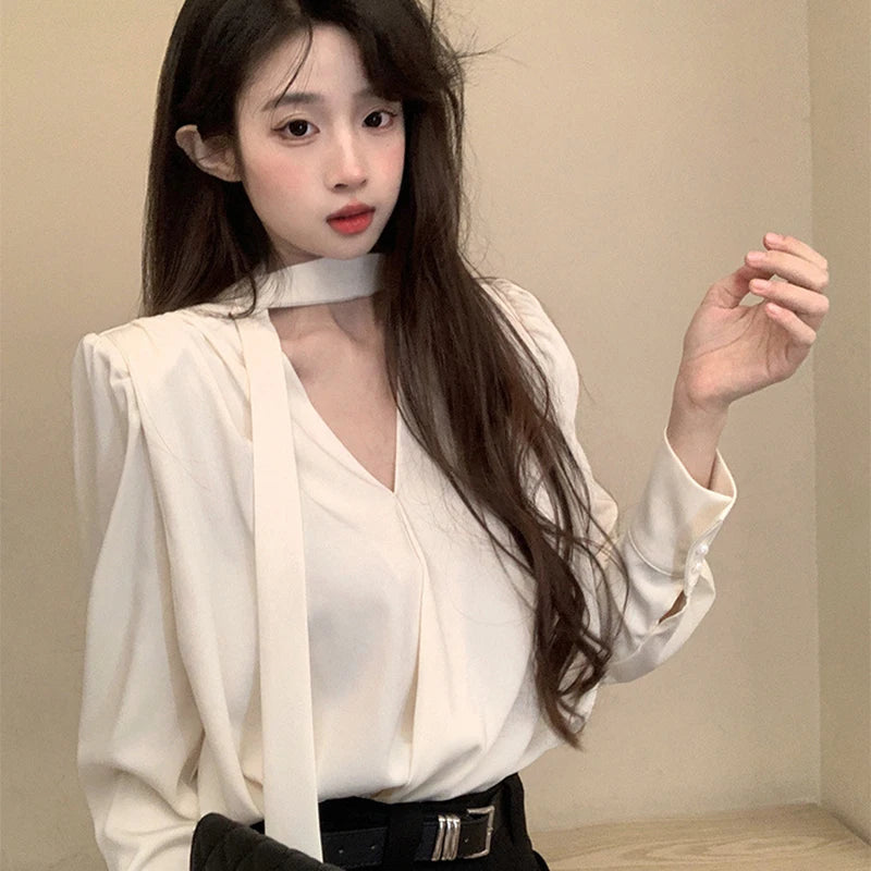 Elegant V-Neck Blouses for Women Spring Autumn 2025 Korean Lace Up Long Sleeve Shirts for Woman Loose Solid Color Shirt Ladies