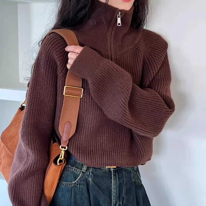 2025 New Fashion Half High Neck Zipper Knitted Sweater Women's Solid Color Sweater Casual Loose Crop Knit Top Elegant Pullovers