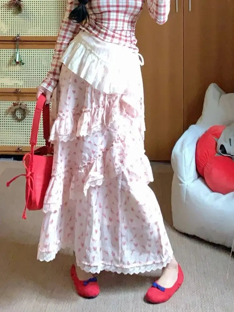 Summer Sweet Pink Bow Print Long Skirt Women's Japanese Fashion High Waist Lovely Skirts New Pretty Y2k Fluffy Aesthetic Clothes