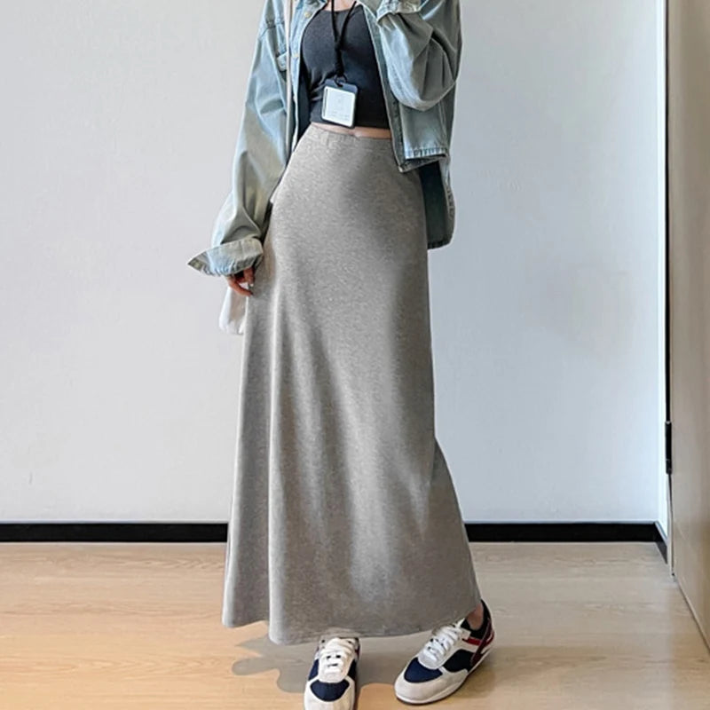 Elastic High Waist A-Line Long Skirt Women Elegant Loose Fit Maxi Skirts Autumn Winter Korean Office Lady Versatile Midi Skirt