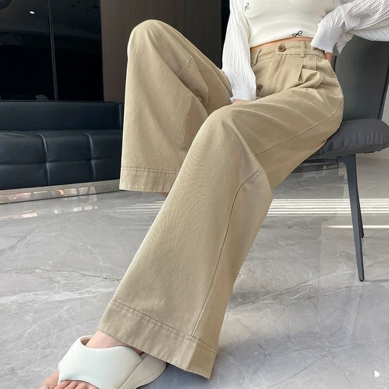 2025 New Spring Summer Vintage Wash Cotton Women's Wide Leg Pants High Waist Casual Loose Straight Full Length Trousers Womens