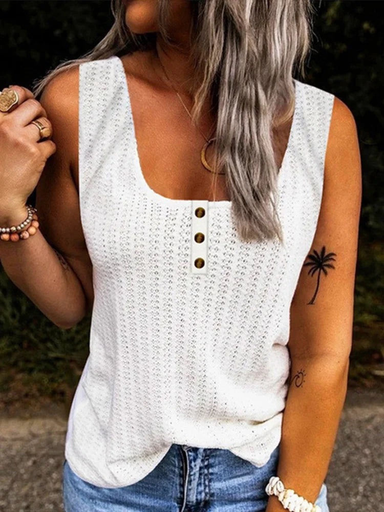 Solid Color Knitted U-Neck Vest Women's Summer Sleeveless Button T-Shirt Casual Tank Top