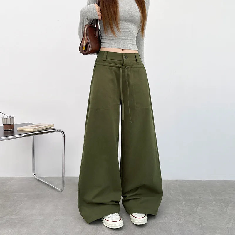 2025 Army Green Wide Leg Jeans for Women American Street Lace-Up Washed Denim Pants Woman Harajuku Fashion Baggy Trousers Female