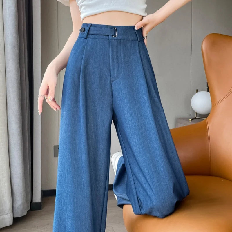 2025 New Spring Summer Vintage Loose Women's Wide Leg Full Length Pant High Waist Button Female Elegant Straight Casual Trousers
