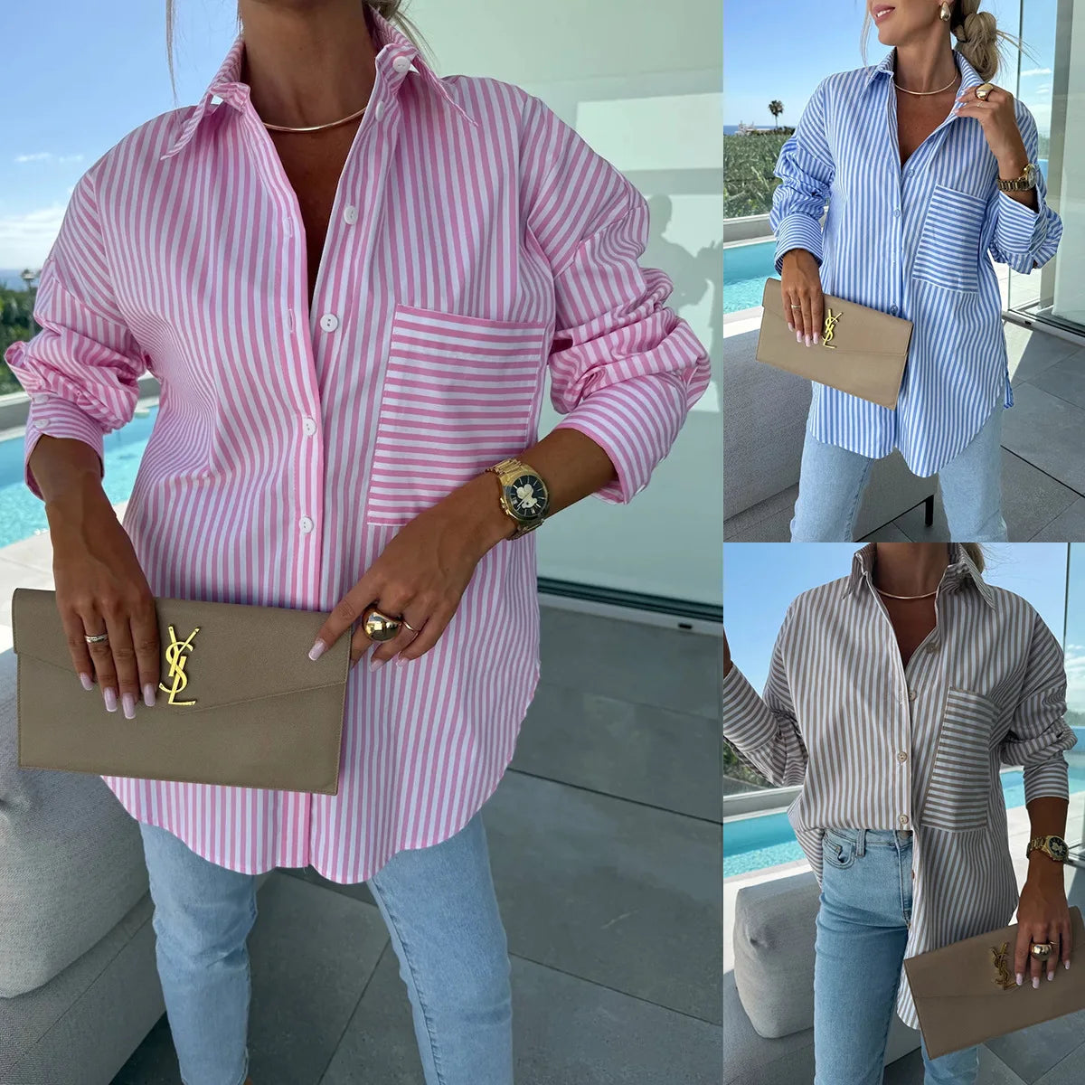 2025 New Women's Shirt Long Sleeve Striped Pocket Button Blue Casual Loose Top Street Office Pink Blouses