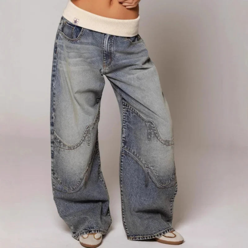New Hip Hop Splice Fashion Basics Retro Jeans for Women's Simple Dressing Up Daily Necessary Wide Leg Pants Baggy Cargo Pants