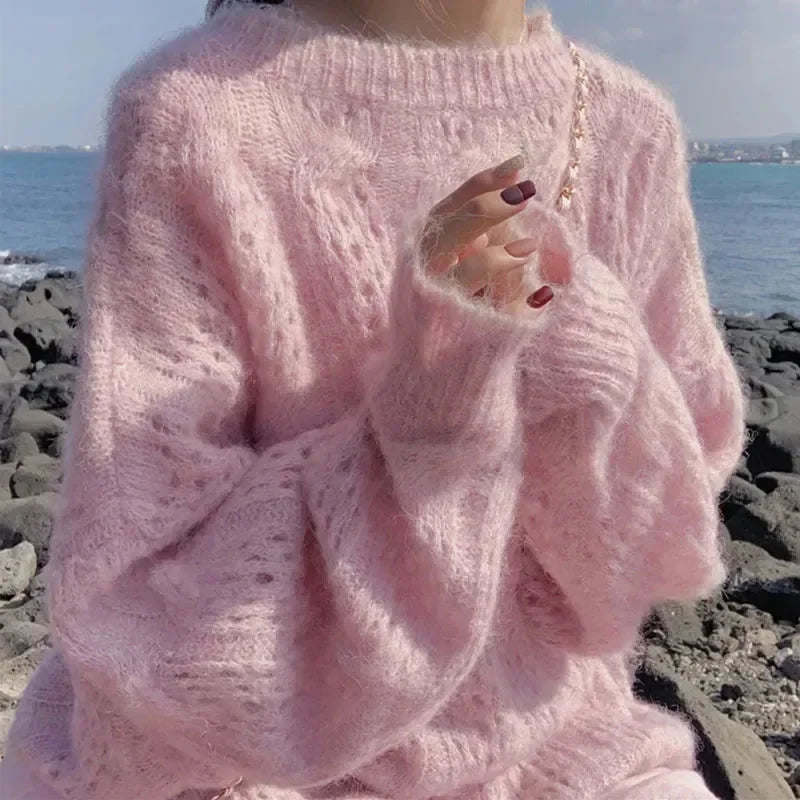Lucyever Sweet Pink Soft Knitted Sweater for Women Lazy Wind Loose Hollow Out Thin Jumpers Spring Autumn Long Sleeve Knitwear