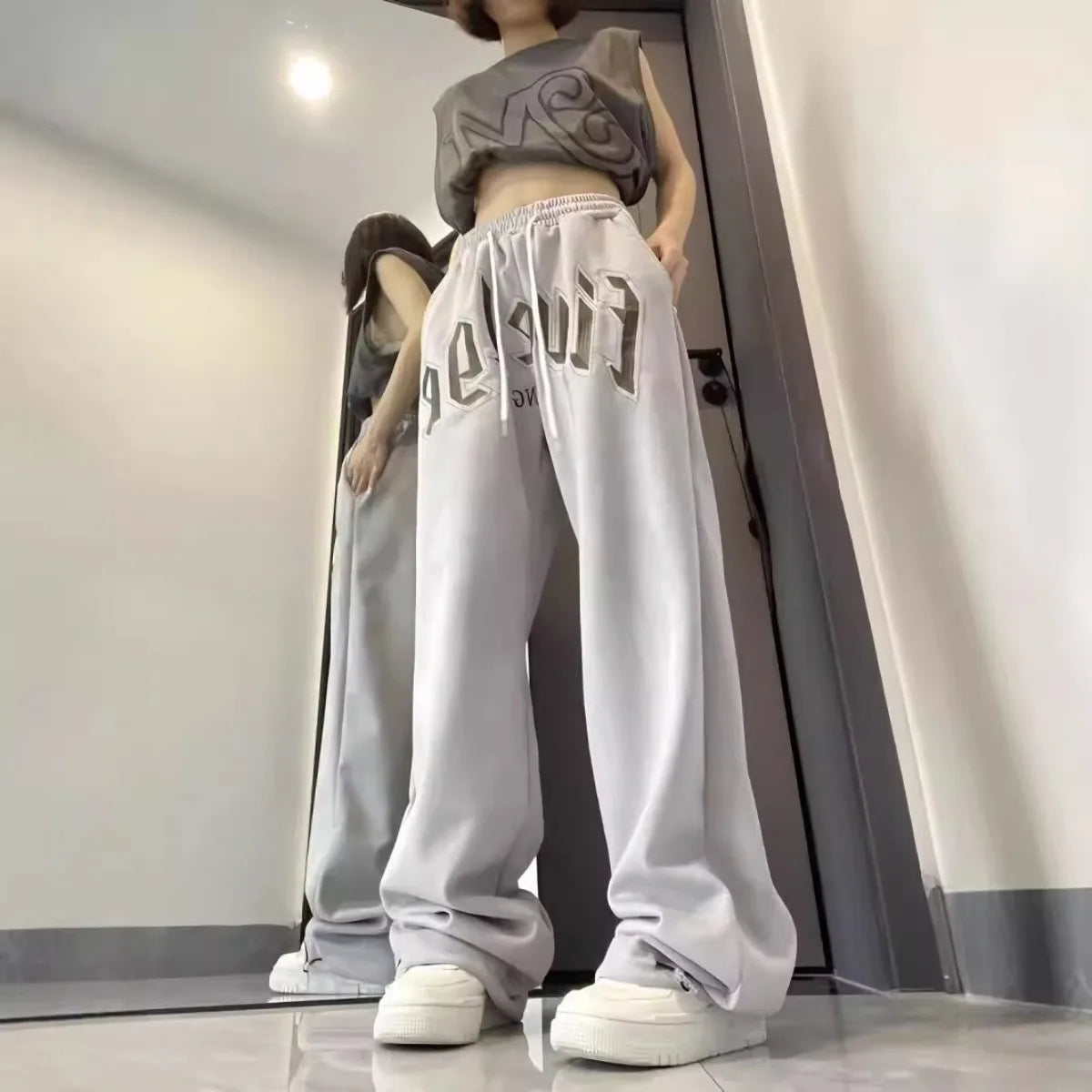 Summer Women Pants Solid Casual Pockets Wide Leg Trousers Fashion Drawstring Sweat Pants Ladies Straight Pants Trend Style