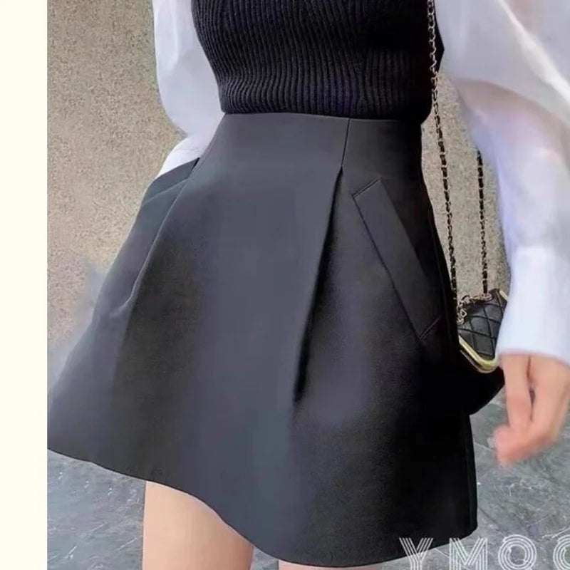 A Line Puffy Mini Black Skirt Women High Waist Korean Style Fall Wild Casual Sexy Retro Y2k Suits Faldas Mujer Moda 2025 Jupe