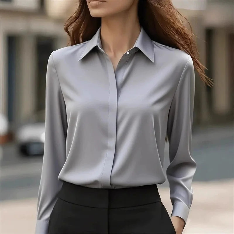 Fashion Elegant Solid Color Lapel Neck Shirt Female 2025 Spring Autumn Simple Style Tops Women's Comfortable Casual Satin Blouse