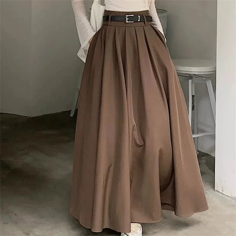 Women High Waist Jupe Korean Pleating Swing Skirt Vintage Fashion 2024 Spring Office Falda Holiday Loose Solid Long Skirt