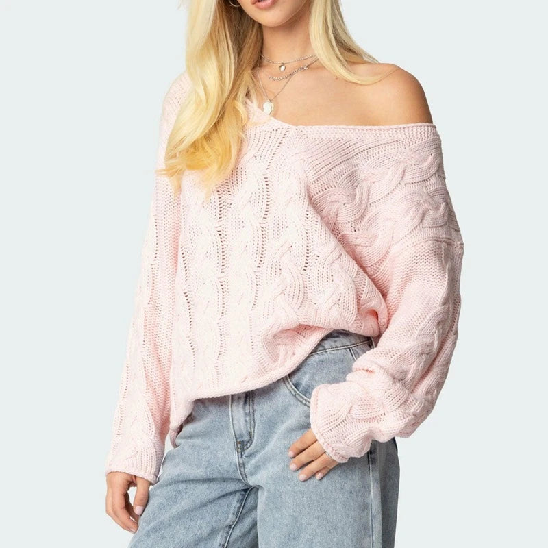 Combhasaki Women Cable Knit Sweaters Loose Fit Solid Color y2k Deep V Neck Off Shoulder Long Sleeve Casual Pullover Knitwear Top