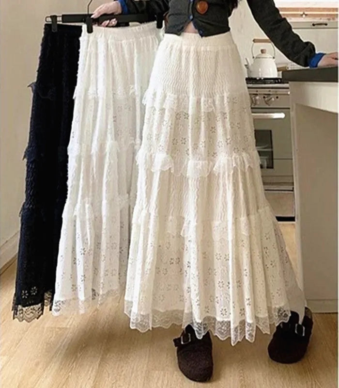 Women Summer Chiffon Midi Skirt Ruffles Lace Mesh Vintage Big Large Plus Sizes Casual Elegant Party Fashion Loose Skirts