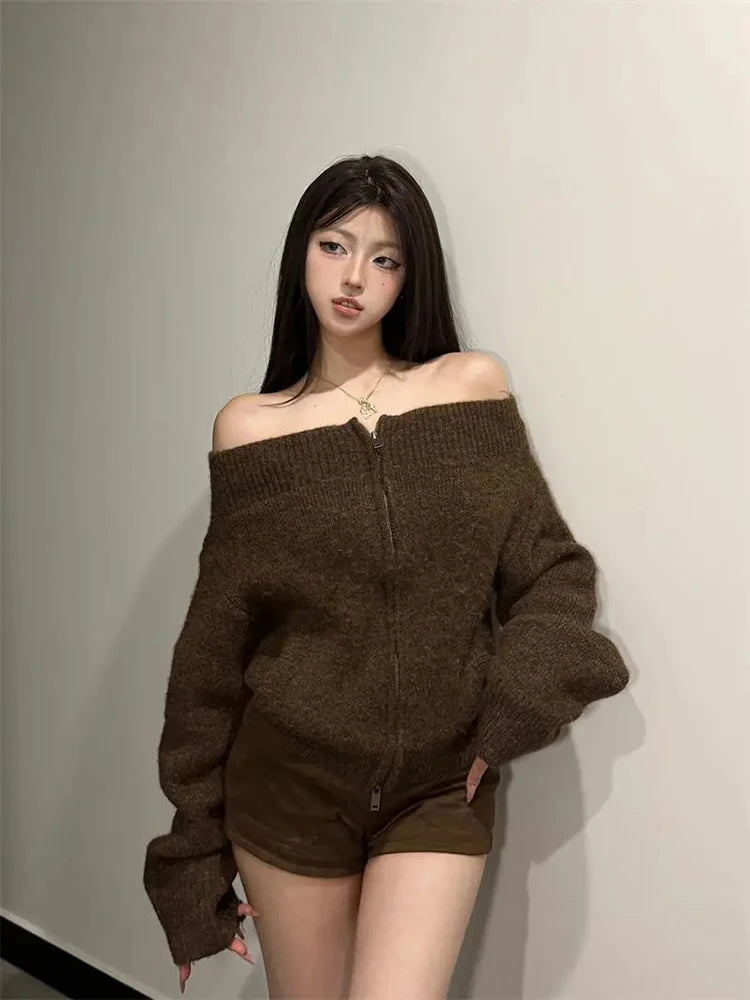 Off Shoulder Crop Knit Cardigan Women Long Sleeve Slash Neck Zipper Vintage Sweater Fall Winter Loose Lazy Wind Korean Tops New