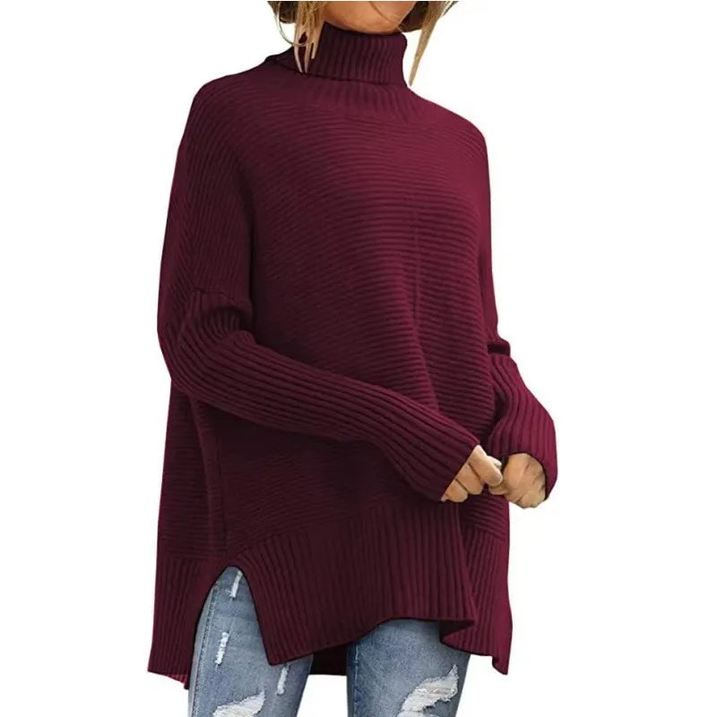 Casual Knitted High Collar Long Sleeve Split Slit Solid Color Hoodie for Autumn and Winter Women's Fashion And Versatile Sweater