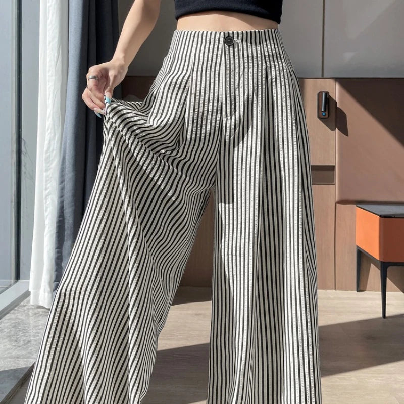 Vintage Striped Cotton and Linen High Waist Women's Wide Leg Pants 2025 New Casual Loose Straight Full Length Trousers Female