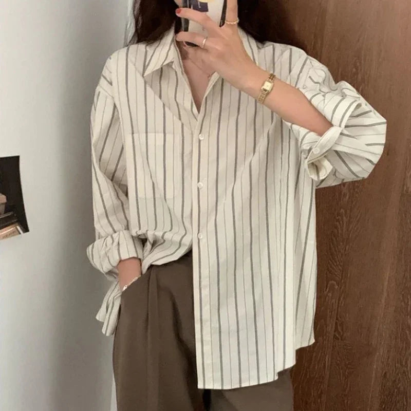 Y2k Stripe Women Casual Shirts Korean Loose Pockets Long Sleeve Female Blouse Autumn Fashion New Office All Match Ladies Tops