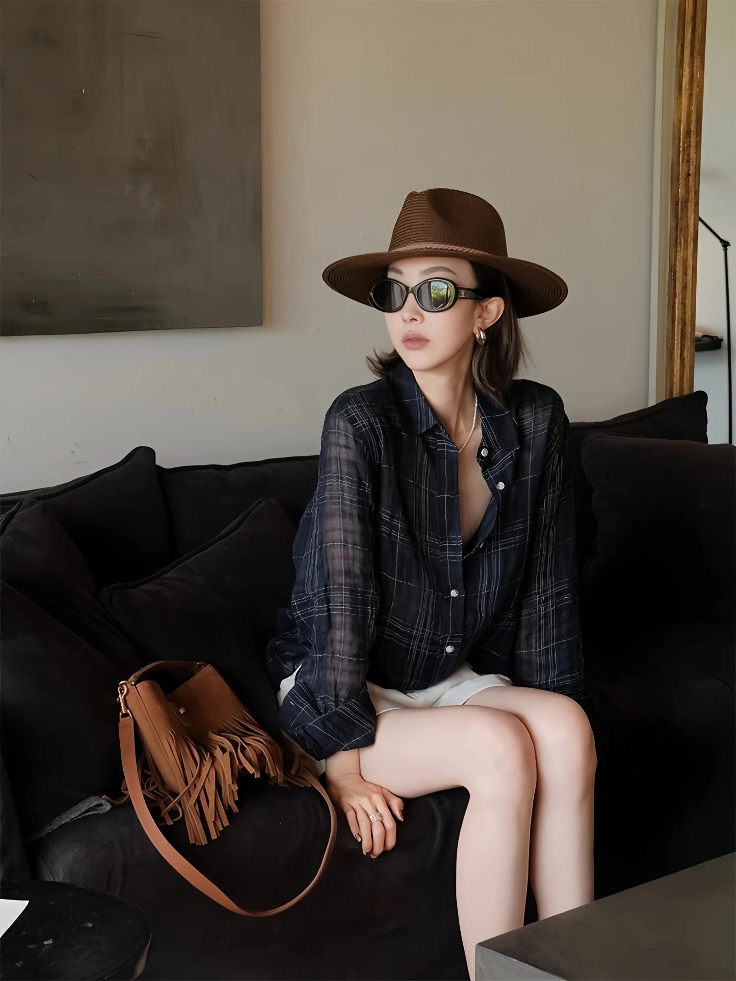 Blue Plaid Shirt 2025 Summer Women's Thin Sun Protection Cardigan Linen Plaid Shirt Women's Long-Sleeved Top