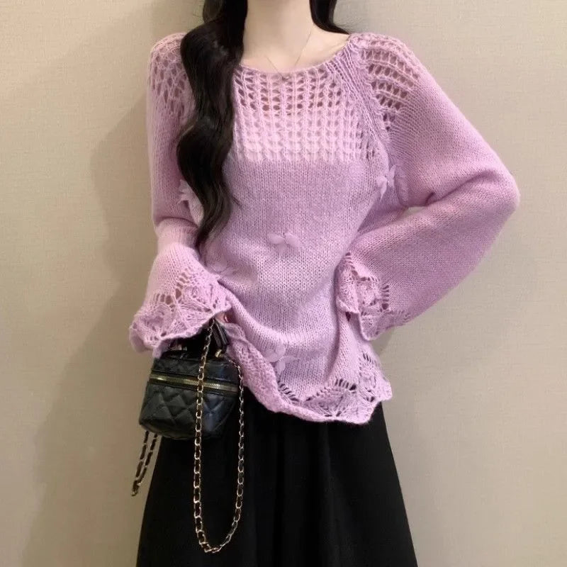 Women Clothes Spring Autumn Fashion Korean Hollow Out Solid Color O-neck Knitting Female All-match Appear Thin Sweater Pullovers