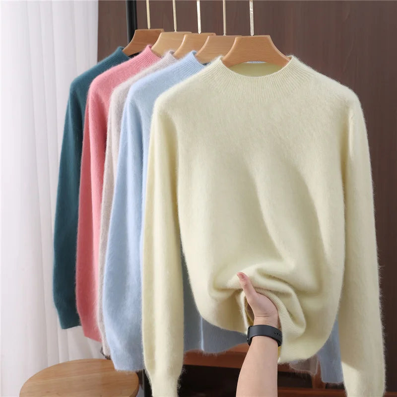 Mink Cashmere Women Sweater 100%  Fashion Basic Soft Warm Autumn Winter Mock Neck Pullover Clothing Elegant Casual Clothing Tops