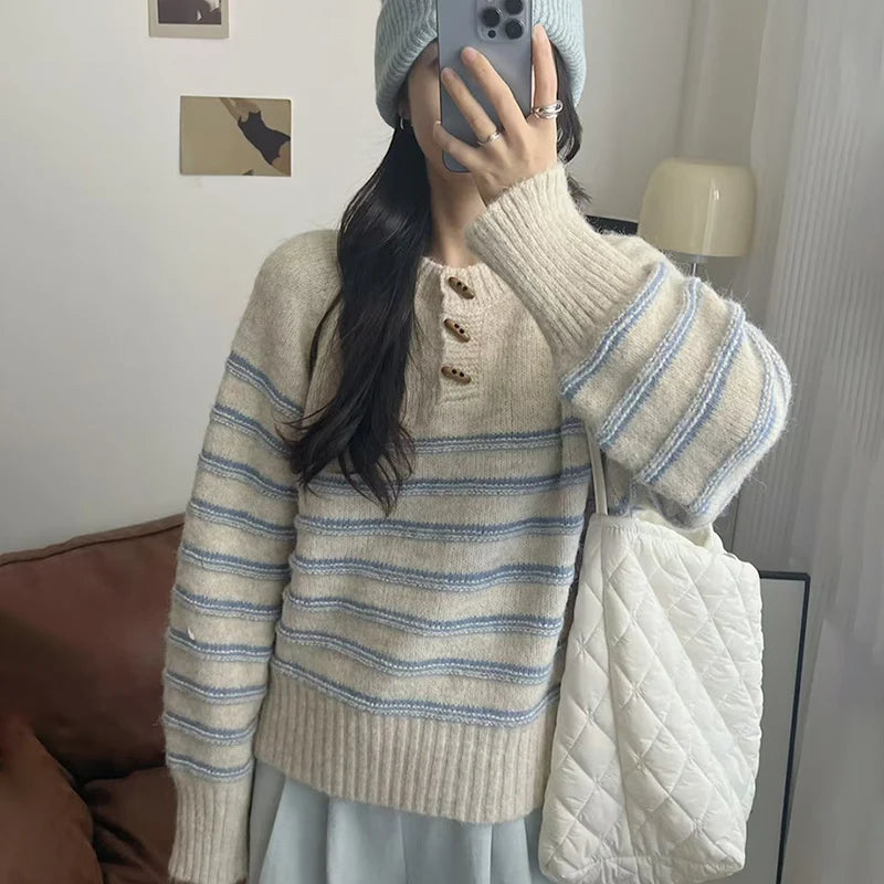 2025 Korean Chic Horn Button Sweater Pullover Women Y2K Fashion Striped Knitted Sweater Autumn Soft Warm Knitwear Clothes Woman