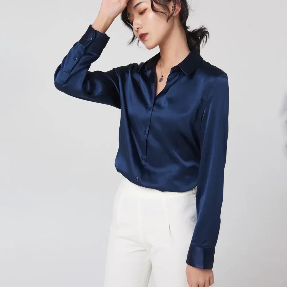 Woman Silk Shirt Long-sleeved Satin Women Blouse 19mm Mulberry Silk Blouse Loose Versatile Base Shirt 95% Natural Silk+5%Spandex