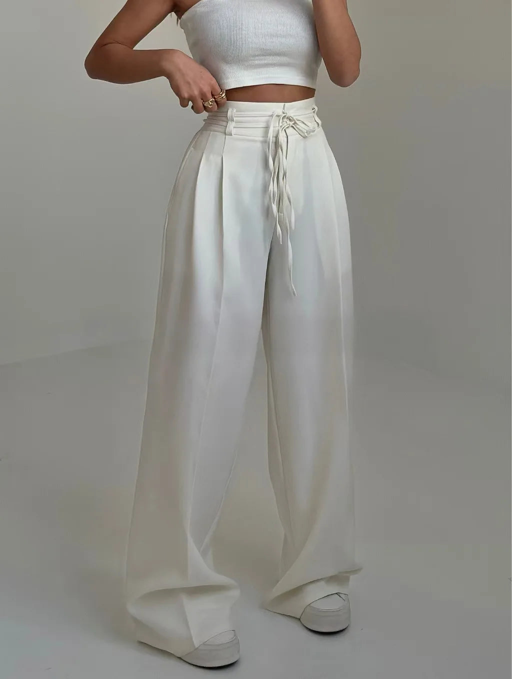 Women's Fashionable and Casual Design High Waisted Lace Up Slim Straight Leg Pants 2025 New Style